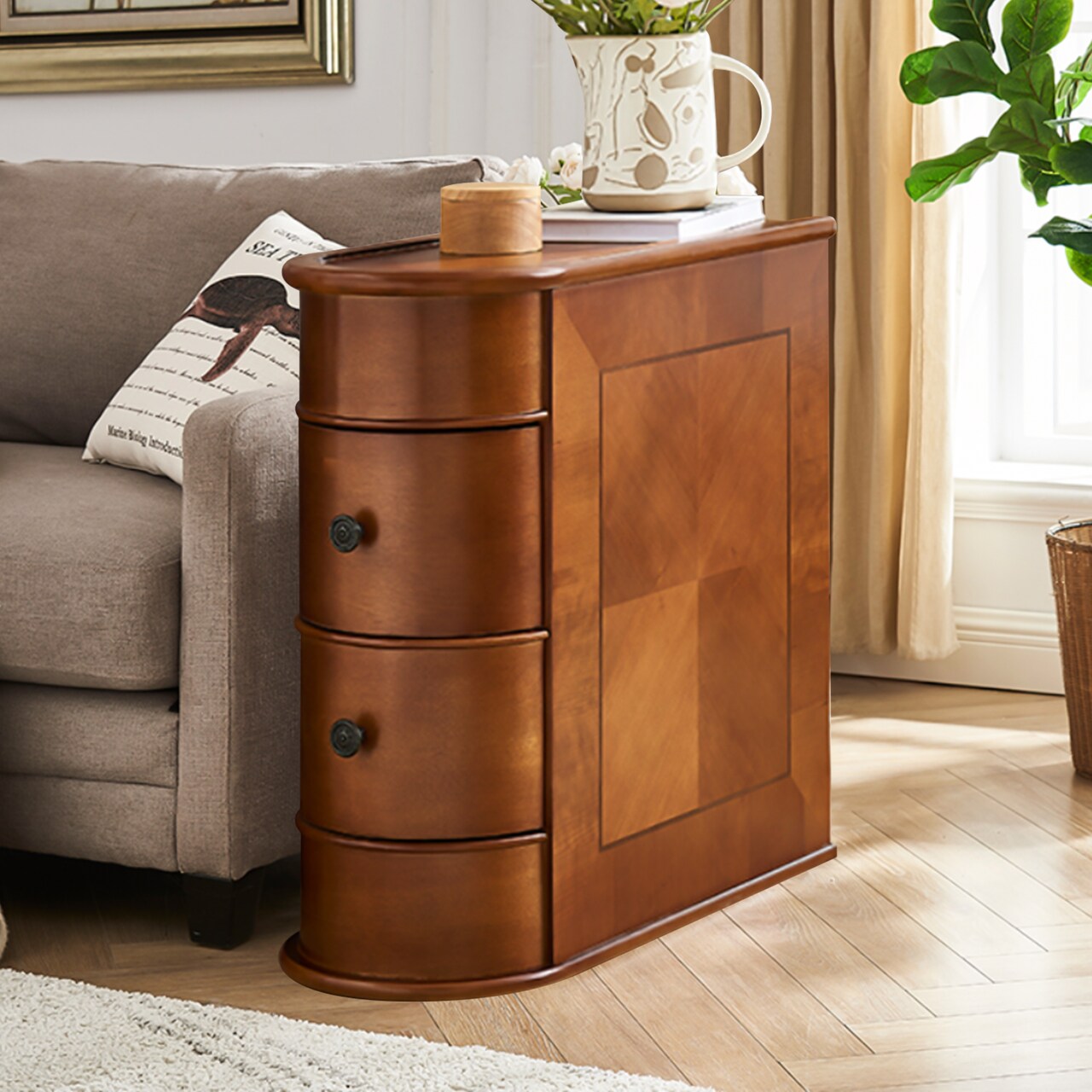 Tribesigns Wood End Table 2 Drawer Narrow Slim Walnut 23.6 Inch Fully Assembled